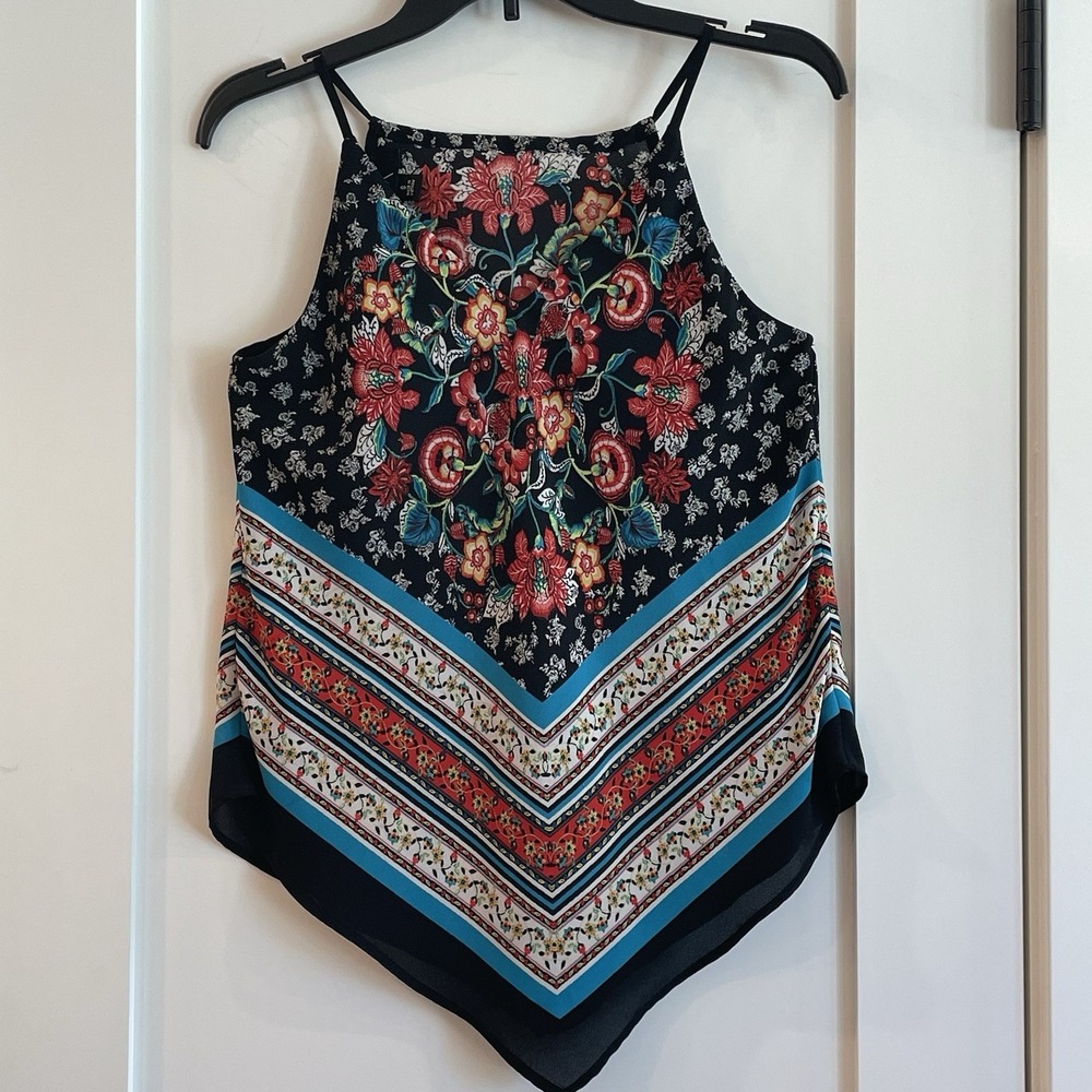BCX Boho Cami‎ Tank Top black floral SEMI SHEER Small Travel High Neck STrappy